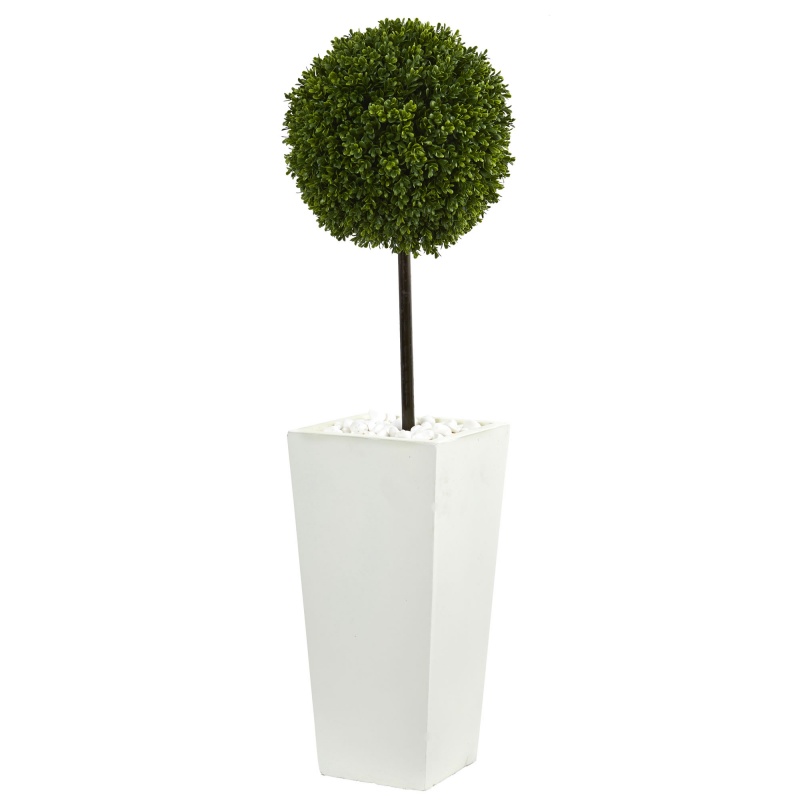 3.5’ Boxwood Ball Topiary Artificial Tree In White Tower Planter Uv Resistant (Indoor/Outdoor)