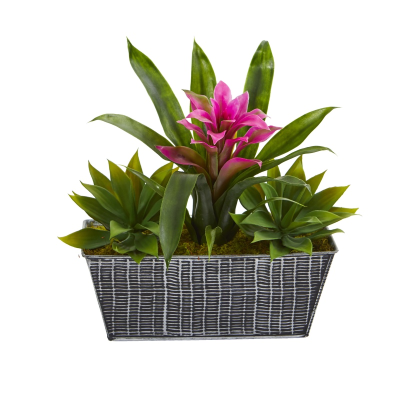 11” Bromeliad And Agave Artificial Plant In Embossed Tin Planter