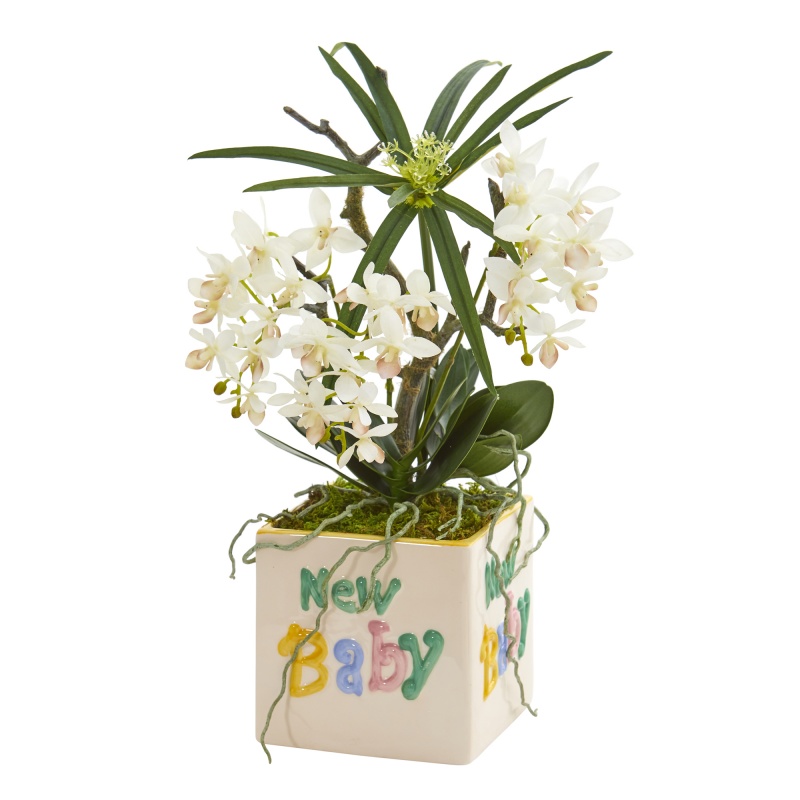 16” Orchid Phalaenopsis And Cyperus Artificial Arrangement In “New Baby” Vase