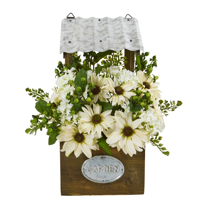 14” Mixed Daisy Artificial Plant In Tin Roof Planter