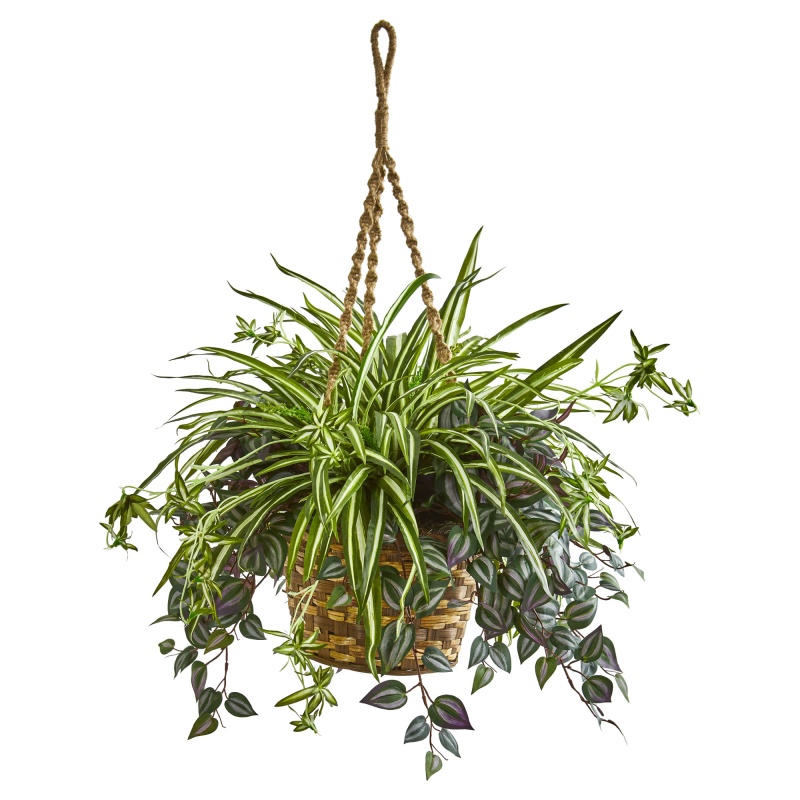 30” Wandering Jew & Spider Artificial Plant In Hanging Basket