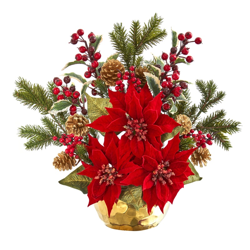 17” Poinsettia, Holly Berry And Pine Artificial Arrangement