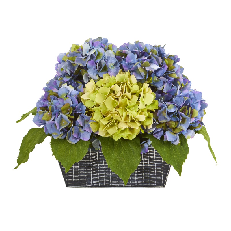 13” Hydrangea Artificial Arrangement In Embossed Tin Vase