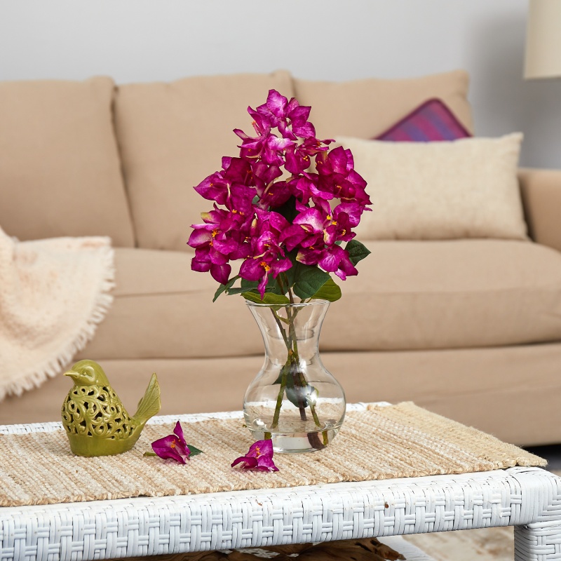 17” Bougainvillea Artificial Arrangement in Glass Vase