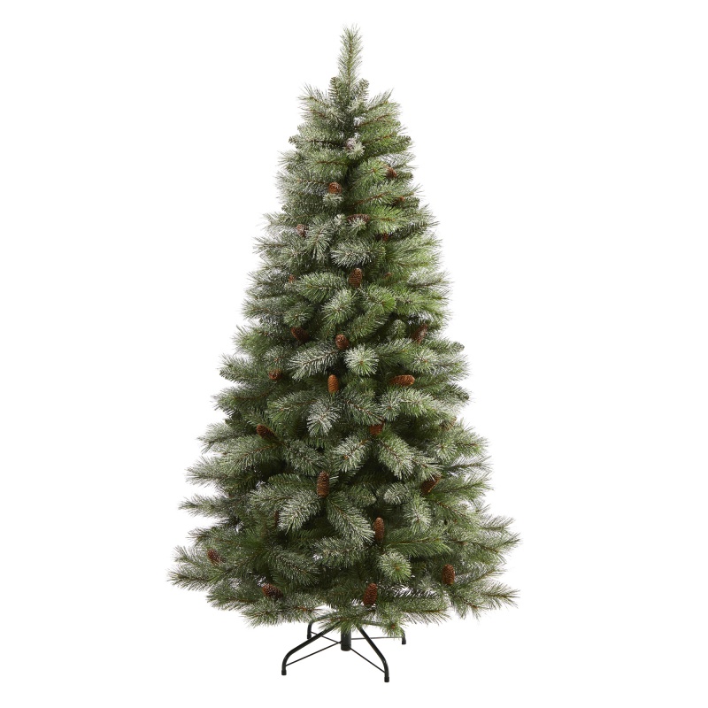 6’ Snowed French Alps Mountain Pine Artificial Christmas Tree With 583 Bendable Branches And Pine Cones