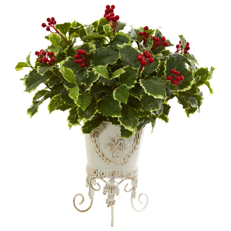 Variegated Holly Artificial Plant In Metal Planter (Real Touch)