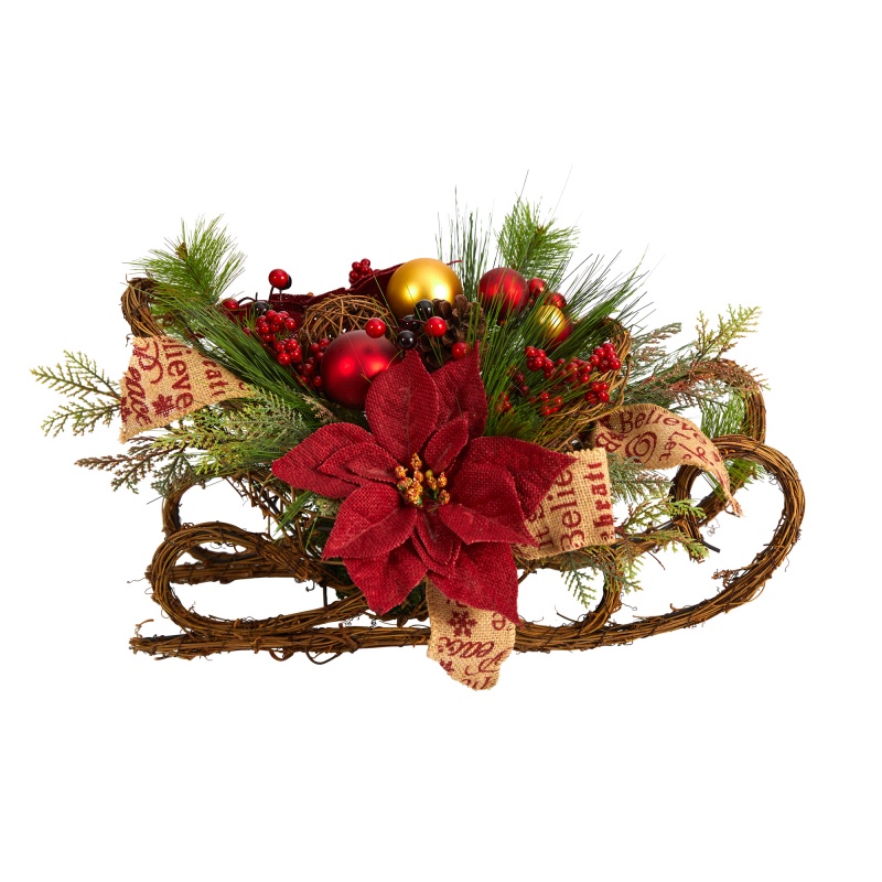 18" Christmas Sleigh Arrangement with Poinsettia, Berries and Pinecone