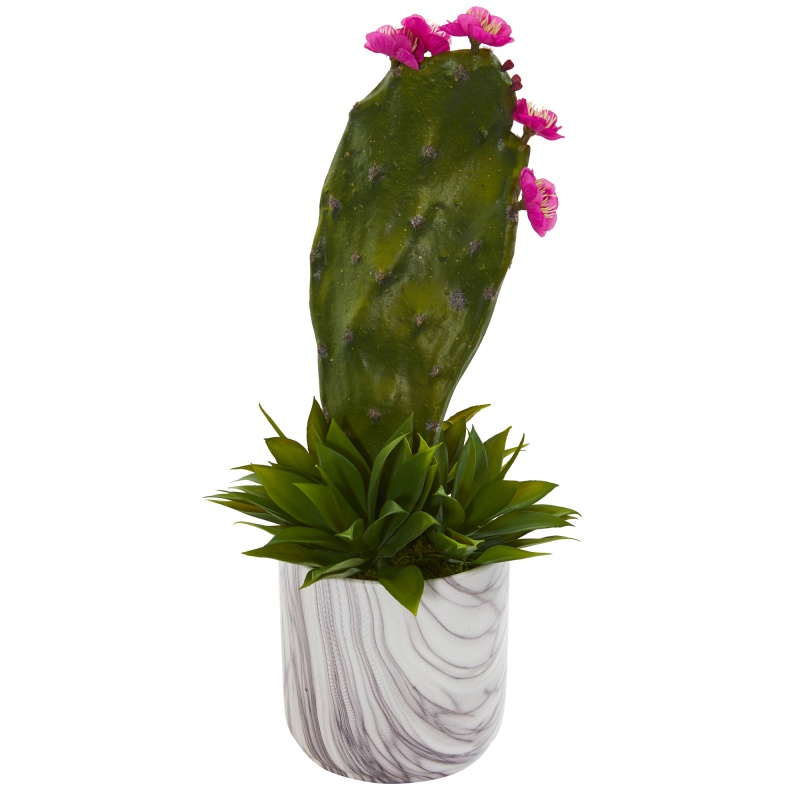 17-Inch Cactus and Agave Succulent Artificial Plant in Marble-Finished Planter