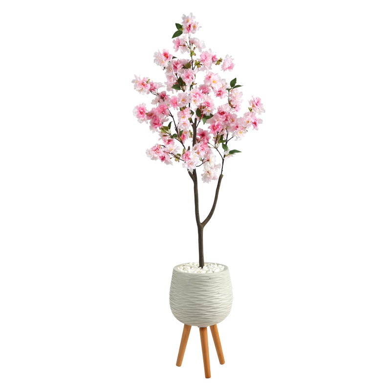 63” Cherry Blossom Artificial Tree In White Planter With Stand