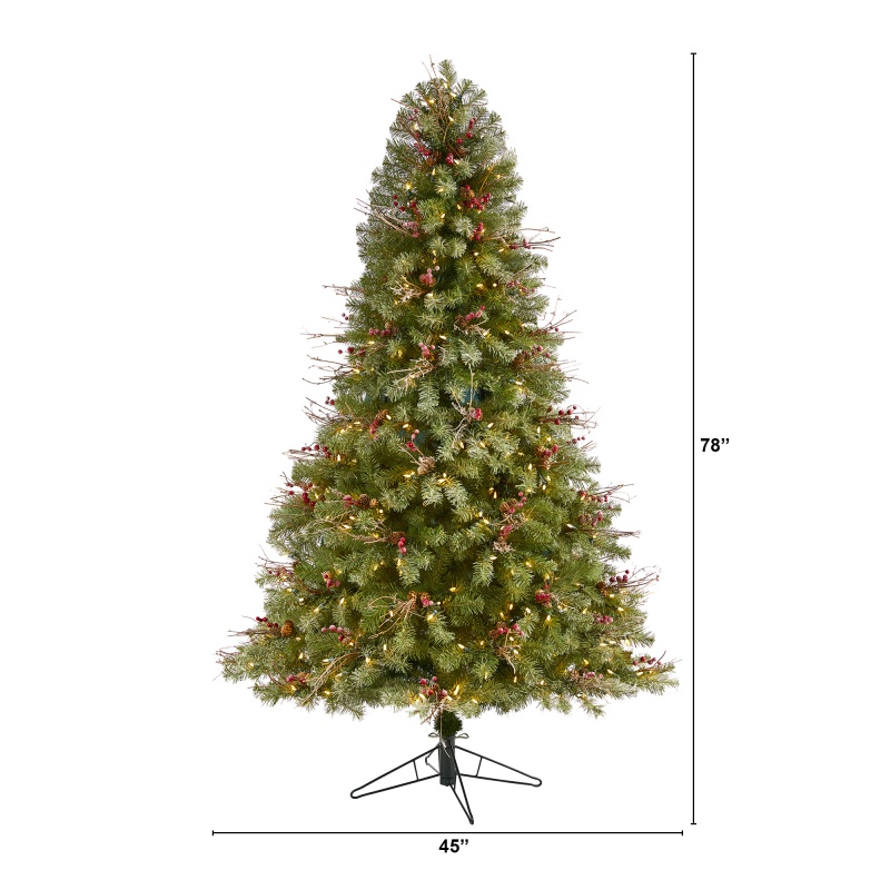 6.5' Lightly Frosted Big Sky Spruce Artificial Christmas Tree With 450 Clear (Multifunction) Led Lights With Instant Connect Technology, Berries, Pine Cones And 904 Bendable Branches