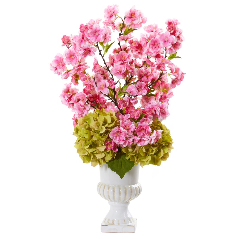 23” Hydrangea And Cherry Blossom Artificial Arrangement In White Urn