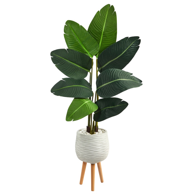 5’ Travelers Palm Artificial Tree In White Planter With Stand