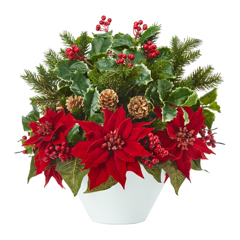 18" Poinsettia, Holly Leaf And Pine Artificial Arrangement In White Vase