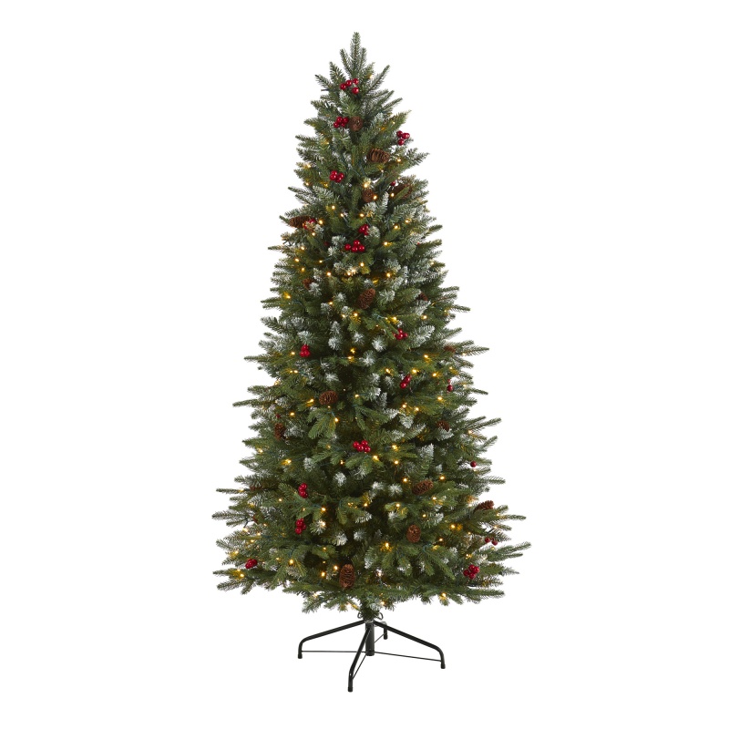 6' Snow Tipped Portland Spruce Artificial Christmas Tree With Frosted Berries And Pinecones With 300 Clear Led Lights