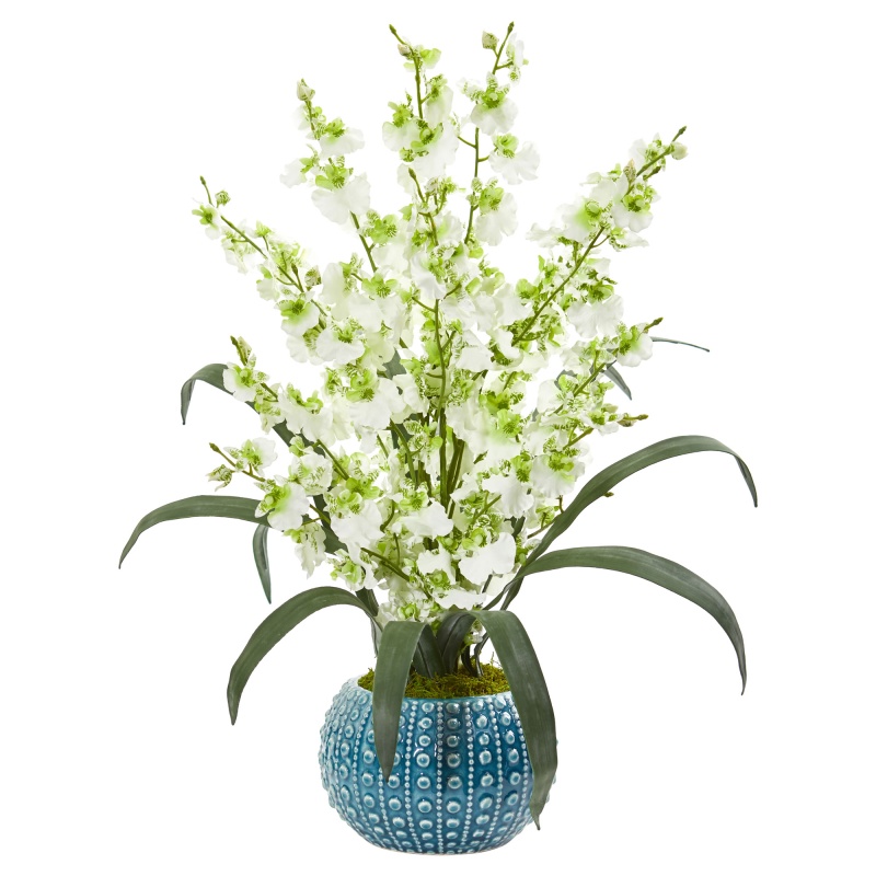 Dancing Lady Orchid Artificial Arrangement In Blue Vase