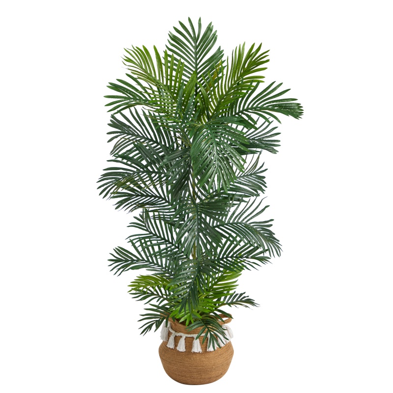 5’ Areca Palm Tree In Boho Chic Handmade Natural Cotton Woven Planter With Tassels Uv Resistant