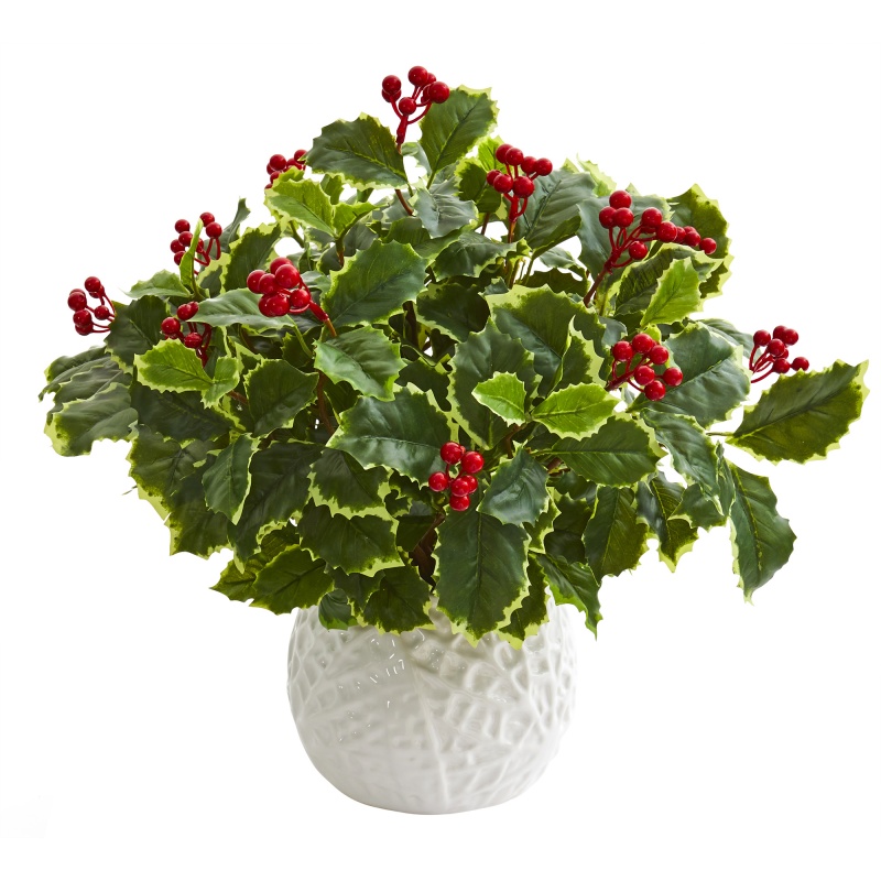 16” Variegated Holly Artificial Plant In White Planter (Real Touch)