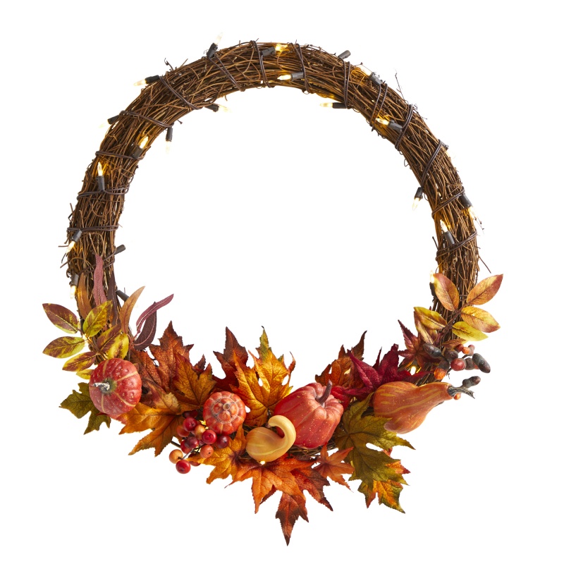 22” Pumpkin And Maple Artificial Autumn Wreath With 50 Warm White Led Lights