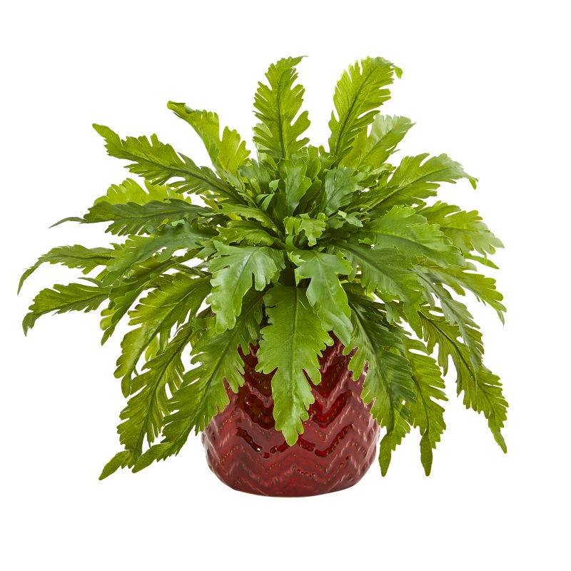 14” Fern Artificial Plant In Red Vase