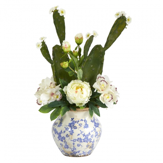 29” Cymbidium Orchid, Peony And Cactus Succulent Artificial Arrangement In Vintage Floral Vase