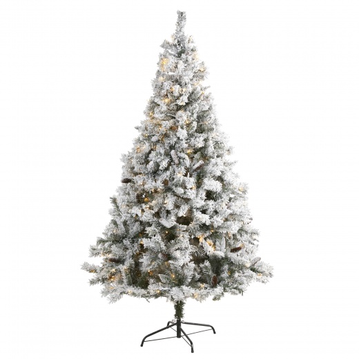7' Flocked White River Mountain Pine Artificial Christmas Tree With Pinecones And 350 Led Lights