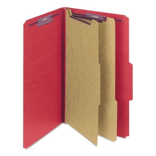 Smead Six-Section Pressboard Top Tab Classification Folders, Six Safeshield Fasteners, 2 Dividers, Legal Size, Bright Red, 10/Box