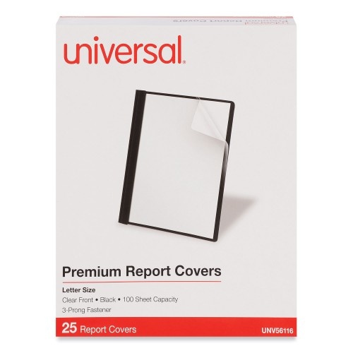 Universal Clear Front Report Cover With Fasteners, Three-Prong Fastener, 0.5" Capacity, 8.5 X 11, Clear/Black, 25/Box