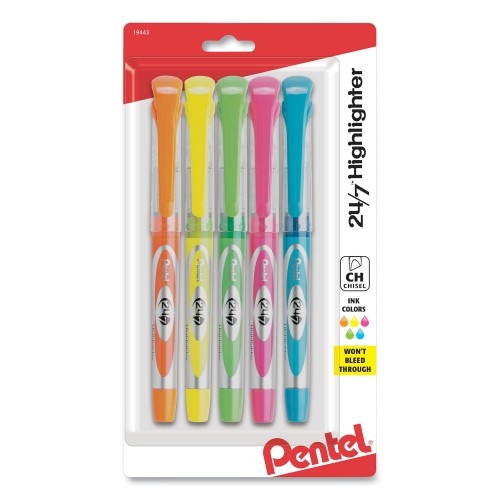 Pentel 24/7 Highlighters, Assorted Ink Colors, Chisel Tip, Assorted Barrel Colors, 5/Set