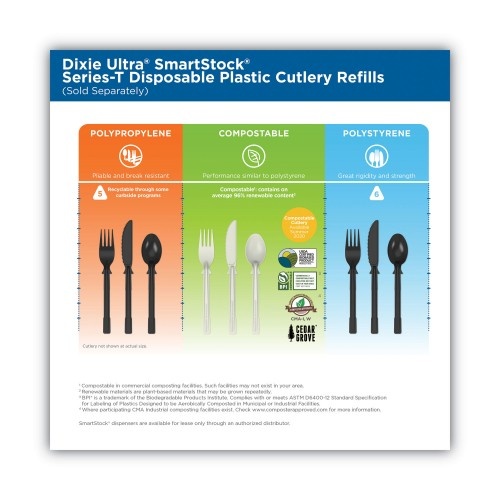 Dixie Smartstock Tri-Tower Dispensing System Cutlery, Teaspoons, Mediumweight, Polypropylene, Black, 40/Pack, 24 Packs/Carton