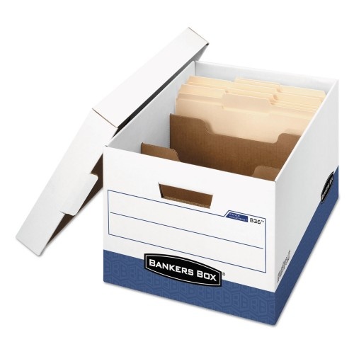Bankers Box R-Kive Heavy-Duty Storage Boxes With Dividers, Letter/Legal Files, 12.75" X 16.5" X 10.38", White/Blue, 12/Carton
