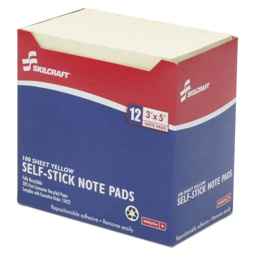Abilityone 753001 Skilcraft Self-Stick Note Pads, 3 X 5, Unruled, Yellow, 100 Sheets, Dozen