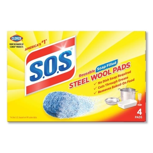 S.O.S. Steel Wool Soap Pad, Steel, 4/Box, 24 Boxes/Carton