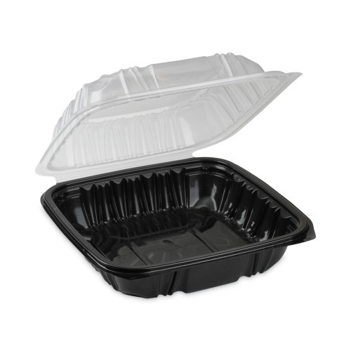 Pactiv Earthchoice Vented Dual Color Microwavable Hinged Lid Container, 1-Compartment, 28Oz, 7.5X7.5X3, Black/Clear, Plastic, 150/Ct