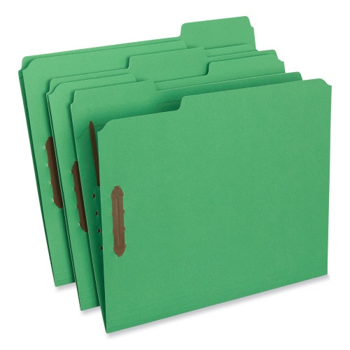 Universal Deluxe Reinforced Top Tab Fastener Folders, 0.75" Expansion, 2 Fasteners, Letter Size, Green Exterior, 50/Box