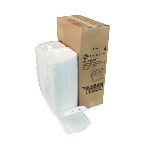 Pactiv Smartlock Foam Hinged Lid Container, Small, 7.5 X 8 X 2.63, White, 150/Carton