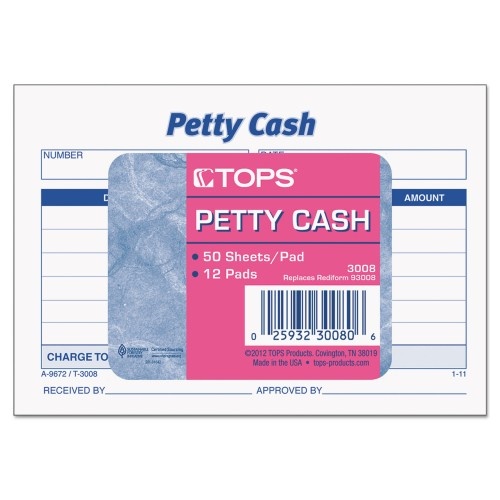 Tops Petty Cash Slips, One-Part (No Copies), 5 X 3.5, 50 Forms/Pad, 12 Pads/Pack