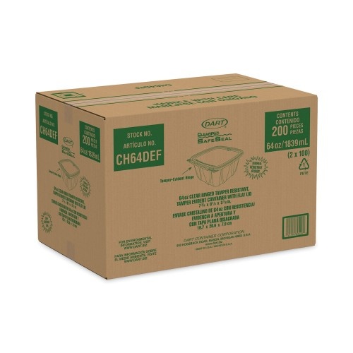 Dart Clearpac Safeseal Tamper-Resistant/Evident Containers, Flat Lid, 64 Oz, 8.1 X 7.8 X 3.3, Clear, Plastic, 100/Bag, 2 Bags/Ct