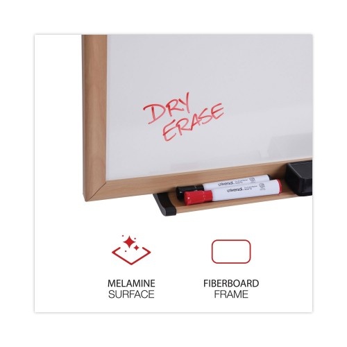 Universal Deluxe Melamine Dry Erase Board, 72 X 48, Melamine White Surface, Oak Fiberboard Frame