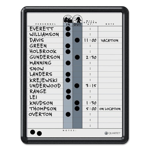 Quartet Employee In/Out Board, 11 X 14, Porcelain White/Gray Surface, Black Plastic Frame