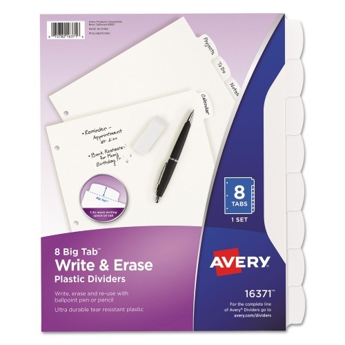 Avery Write And Erase Big Tab Durable Plastic Dividers, 3-Hole Punched, 8-Tab, 11 X 8.5, White, 1 Set