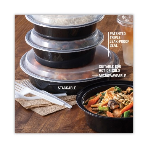 Pactiv Newspring Versatainer Microwavable Containers, Vented Lid, 48 Oz, 9" Diameter, Black/Clear, Plastic, 150/Carton
