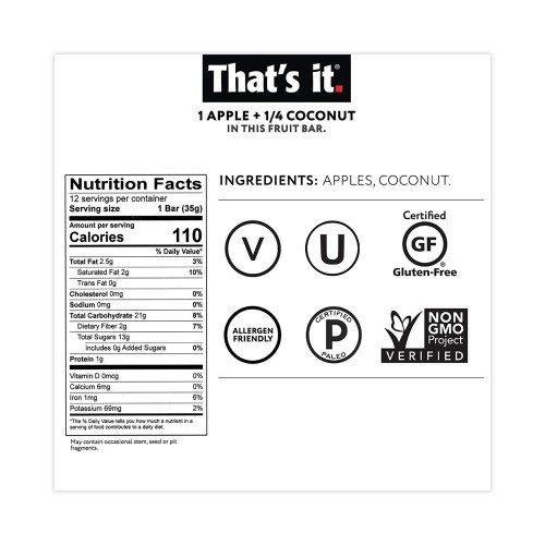 Thats It. Nutrition Bar, Gluten Free Apple And Coconut Fruit, 1.2 Oz Bar, 12/Carton, Ships In 1-3 Business Days