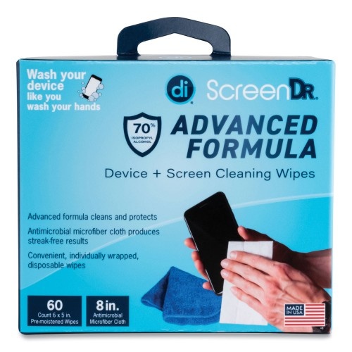 Digital Innovations Screendr Device And Screen Cleaning Wipes, Includes 60 Individually Wrapped Wipes And 8" Microfiber Cloth, 6 X 5, White