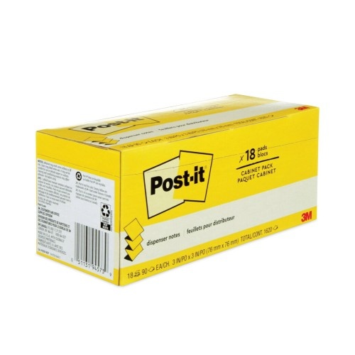 Post-It Original Canary Yellow Pop-Up Refill Cabinet Pack, 3 X 3, 90-Sheet, 18/Pack