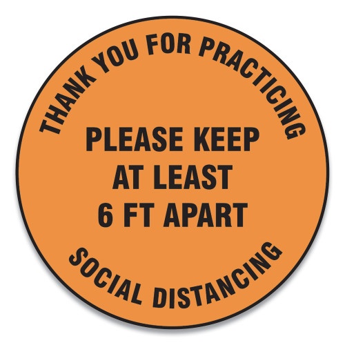 Accuform Slip-Gard Floor Signs, 17" Circle,"Thank You For Practicing Social Distancing Please Keep At Least 6 Ft Apart", Orange, 25/Pk