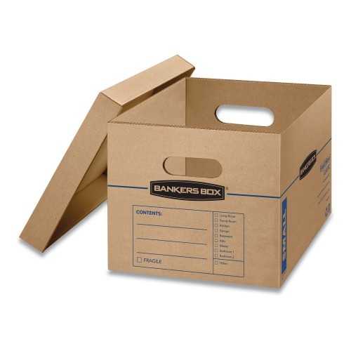 Bankers Box Smoothmove Classic Moving & Storage Boxes, Small, Half Slotted Container , 15" X 12" X 10", Brown Kraft/Blue, 15/Carton