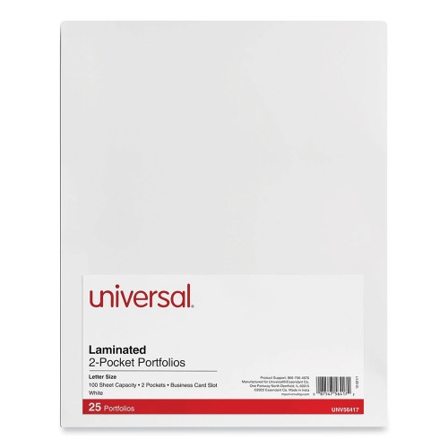 Universal Laminated Two-Pocket Portfolios, Cardboard Paper, 100-Sheet Capacity, 11 X 8.5, White, 25/Box