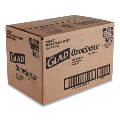 Glad Odorshield Tall Kitchen Drawstring Bags, 13 Gal, 0.95 Mil, 24" X 27.38", White, 240/Carton