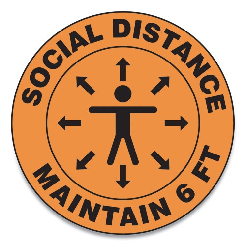 Accuform Slip-Gard Social Distance Floor Signs, 17" Circle, "Social Distance Maintain 6 Ft", Human/Arrows, Orange, 25/Pack