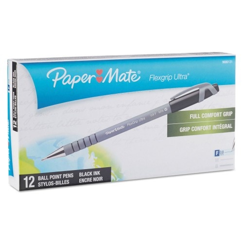 Paper Mate Flexgrip Ultra Ballpoint Pen, Stick, Fine 0.8 Mm, Black Ink, Gray Barrel, Dozen